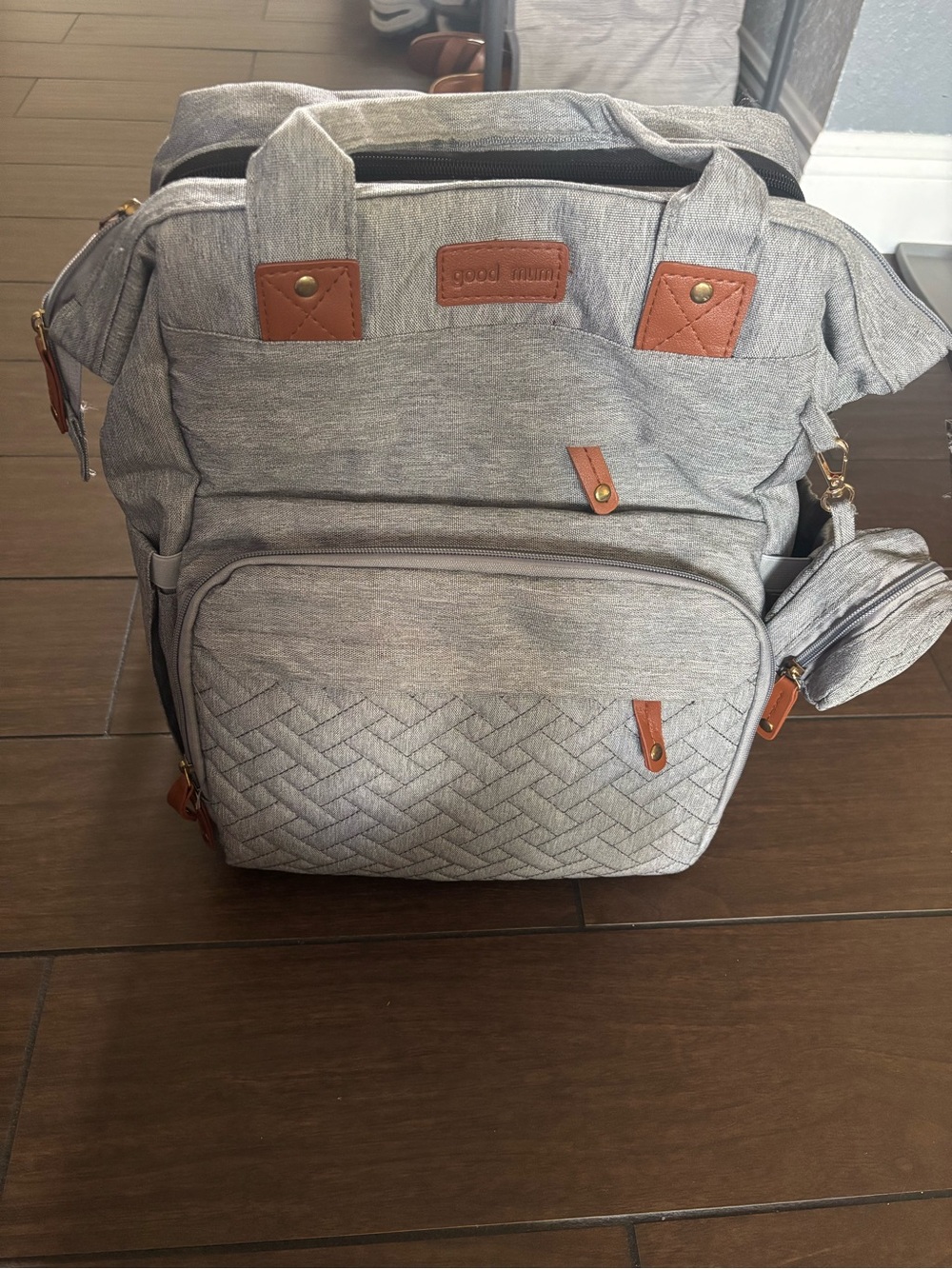 Gray Men's Backpack Tote - Light Gray with Brown Accents